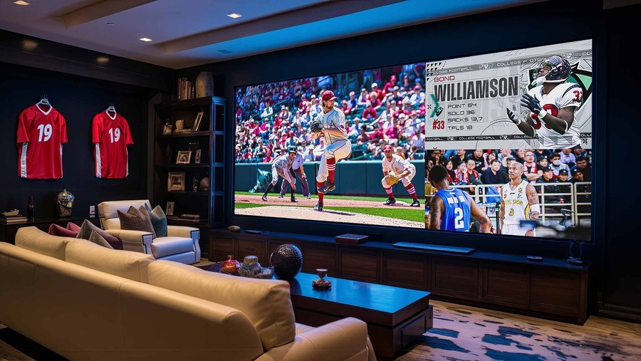A video wall mounted in a home theater.