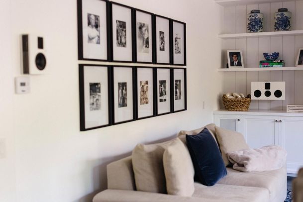 Steinway & Sons Speakers installation in a white and sand living room