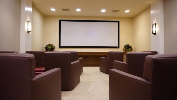 Home theater in neutral colors